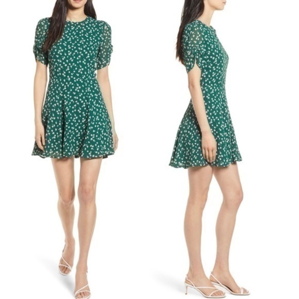 Reformation Gracie Ruched Sleeve Green Daisy Floral Mini dress NWT